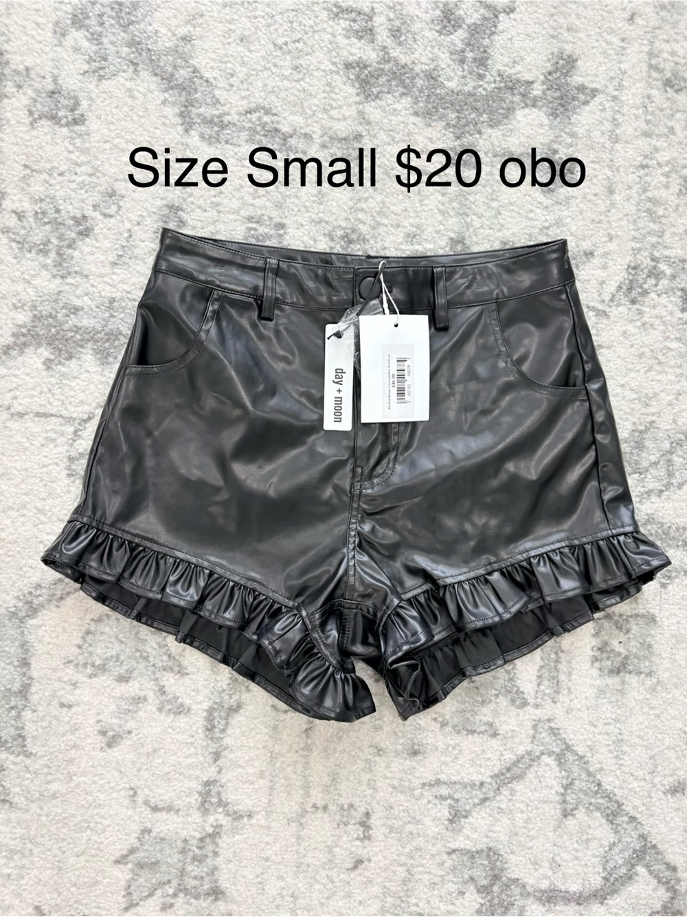 NWT Day + Moon Faux Leather Ruffle Shorts - Black size Small